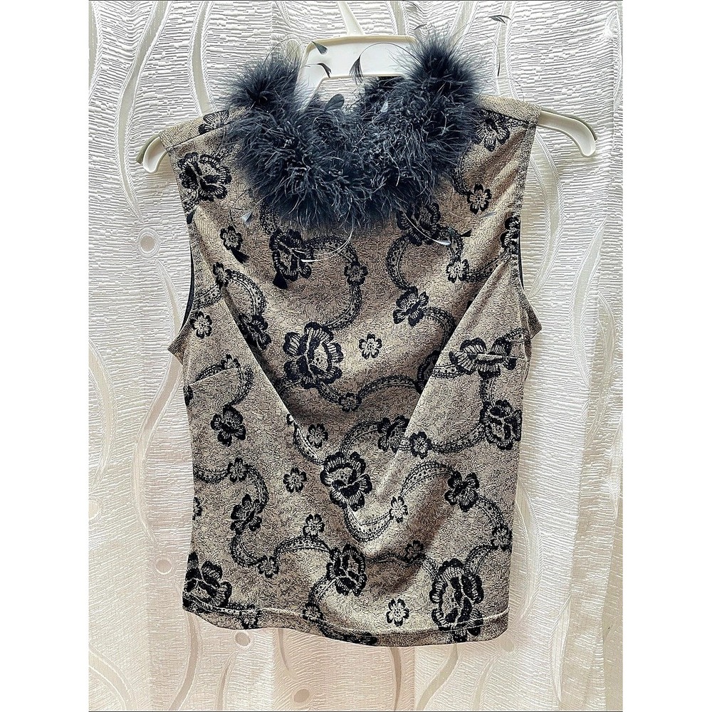 Joseph Ribkoff Top Women 10 Gold Black Excellent Feather Trim Floral Lace 23915